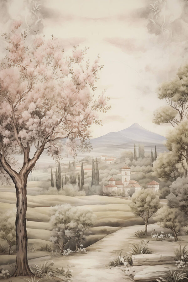 Canvas prints Painting of a landscape with trees and a building Canvas prints Painting of a landscape with trees and a building