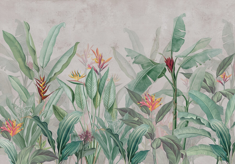 Papier peint avec un motif de fleurs et de feuilles