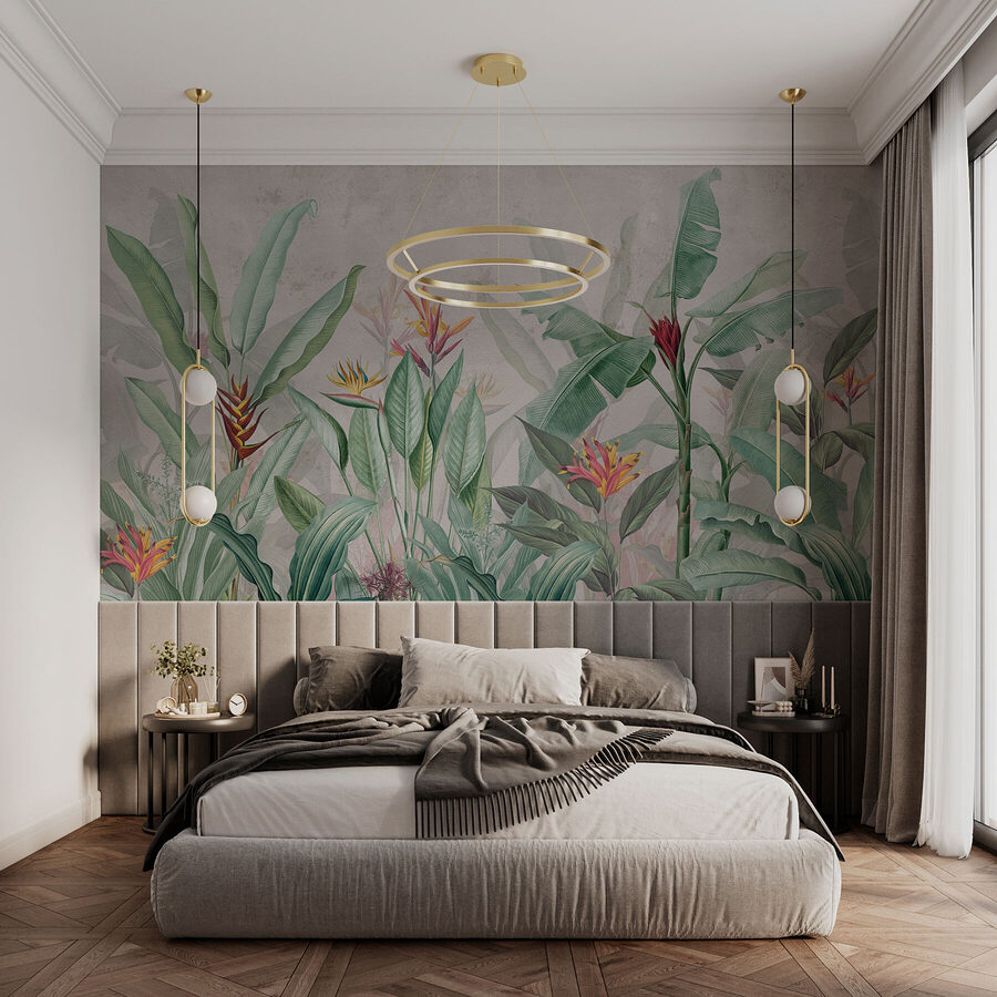 Papier peint avec un motif de fleurs et de feuilles