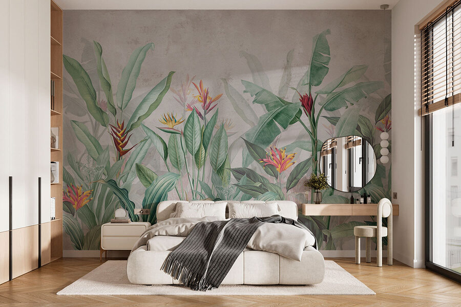 Papier peint avec un motif de fleurs et de feuilles