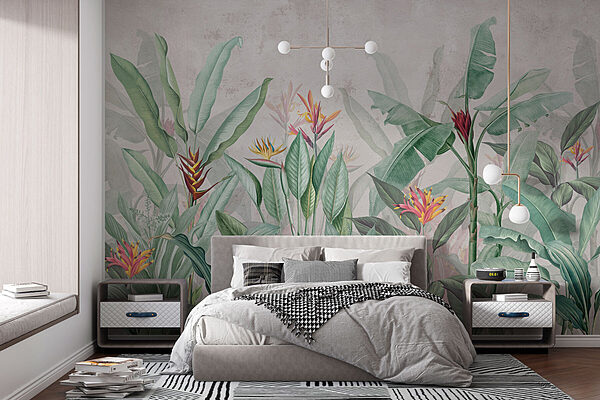 Papier peint avec un motif de fleurs et de feuilles Papier peint avec un motif de fleurs et de feuilles
