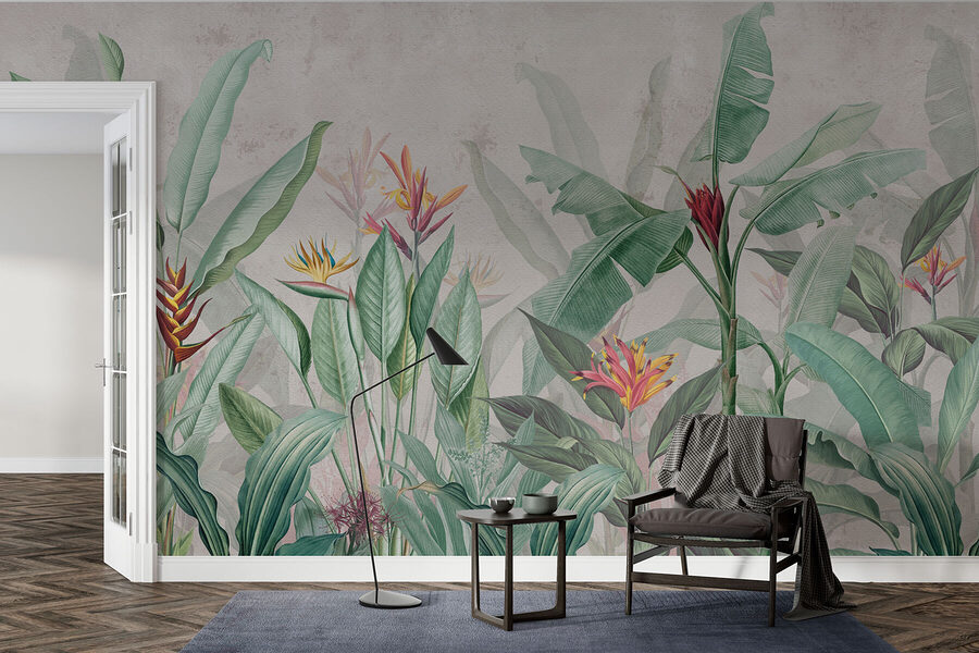Papier peint avec un motif de fleurs et de feuilles