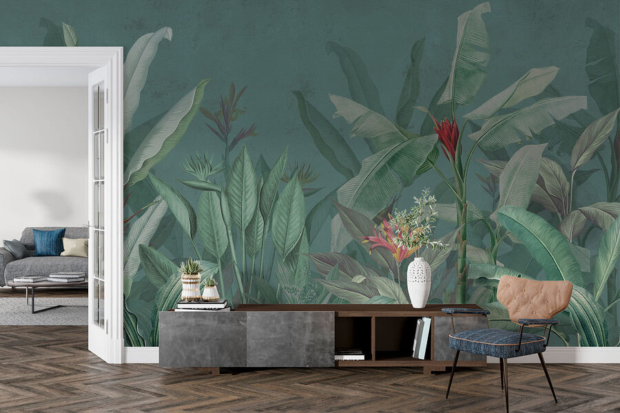 Papier peint avec des plantes et des fleurs