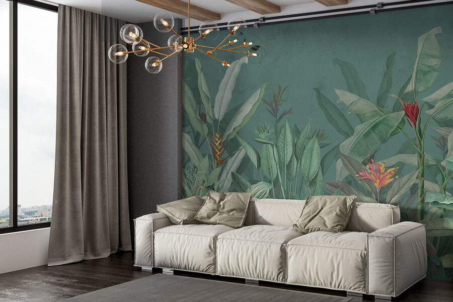 Papier peint avec des plantes et des fleurs