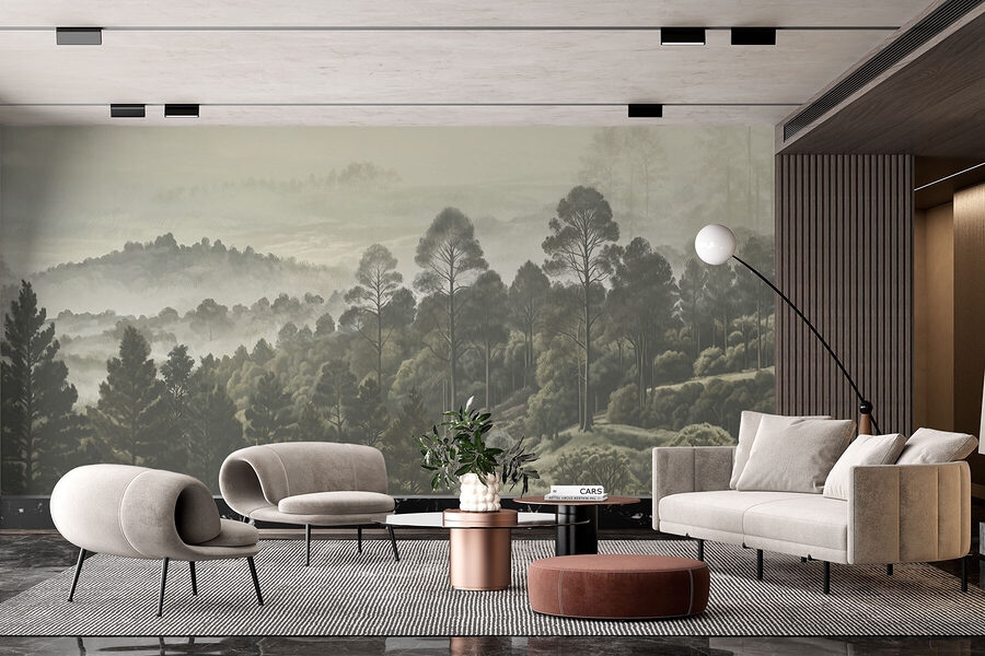 Paysage d'arbres et de brouillard