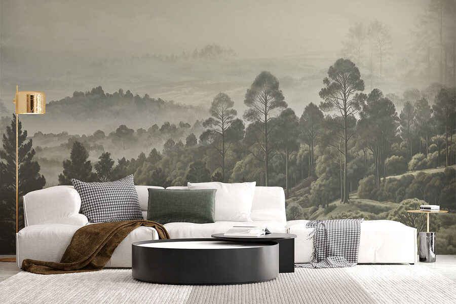 Paysage d'arbres et de brouillard