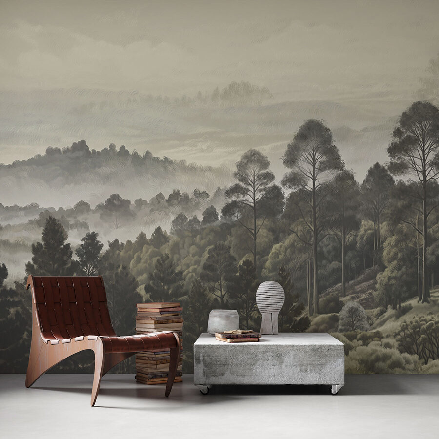 Paysage d'arbres et de brouillard