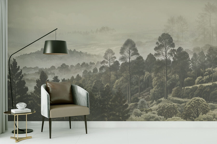 Paysage d'arbres et de brouillard