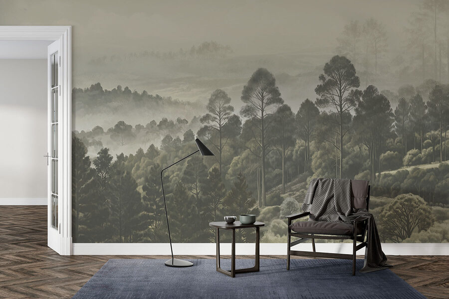 Paysage d'arbres et de brouillard