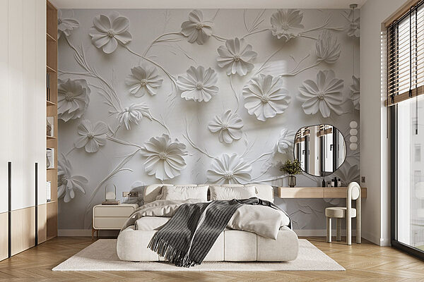 Papier peint Papier peint Fleurs en papier blanc sur une surface blanche (UGS : w01828)