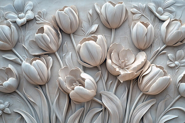 Sculpture de fleurs blanches sur un mur Sculpture de fleurs blanches sur un mur