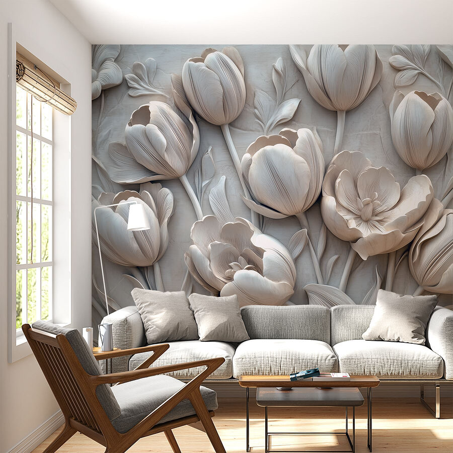 Sculpture de fleurs blanches sur un mur Sculpture de fleurs blanches sur un mur