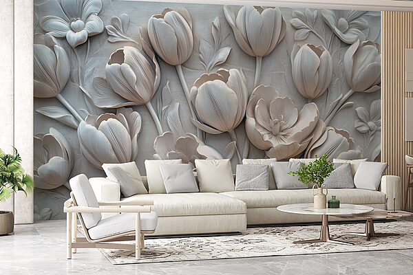 Sculpture de fleurs blanches sur un mur Sculpture de fleurs blanches sur un mur