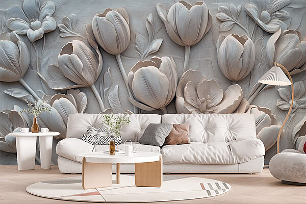 Sculpture de fleurs blanches sur un mur Sculpture de fleurs blanches sur un mur