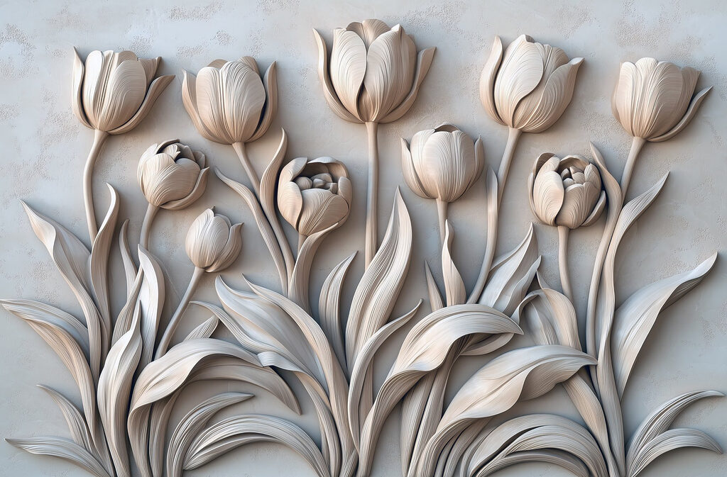 Sculpture de fleurs blanches sur un mur Sculpture de fleurs blanches sur un mur