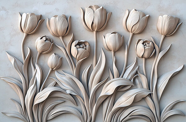 Sculpture de fleurs blanches sur un mur Sculpture de fleurs blanches sur un mur