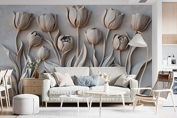 Sculpture de fleurs blanches sur un mur Sculpture de fleurs blanches sur un mur