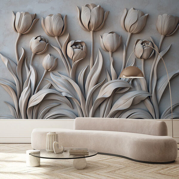 Sculpture de fleurs blanches sur un mur Sculpture de fleurs blanches sur un mur