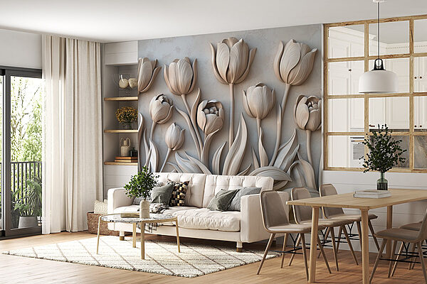 Sculpture de fleurs blanches sur un mur Sculpture de fleurs blanches sur un mur