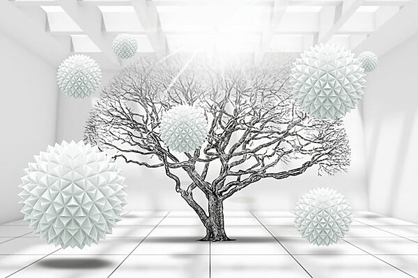 Arbre avec des boules blanches flottant dans l'air Arbre avec des boules blanches flottant dans l'air