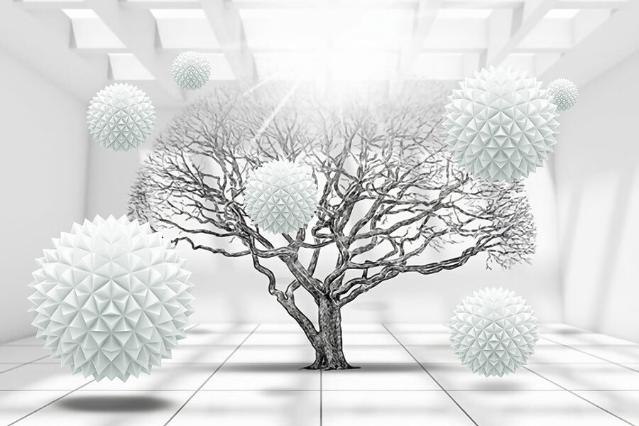 Arbre avec des boules blanches flottant dans l'air