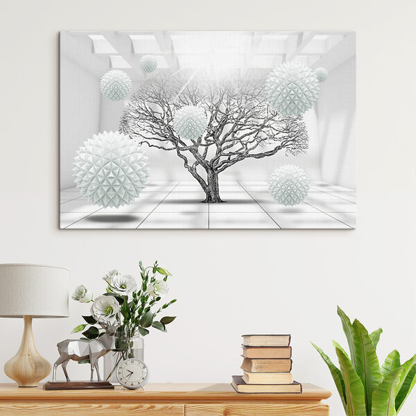 Arbre avec des boules blanches flottant dans l'air Arbre avec des boules blanches flottant dans l'air