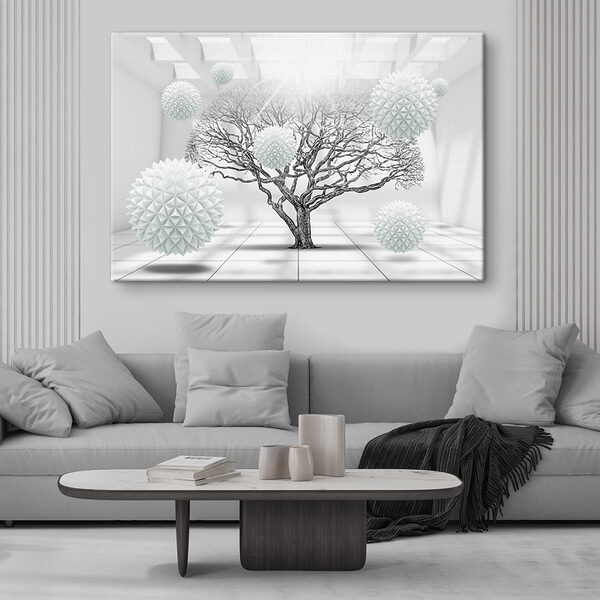 Arbre avec des boules blanches flottant dans l'air Arbre avec des boules blanches flottant dans l'air