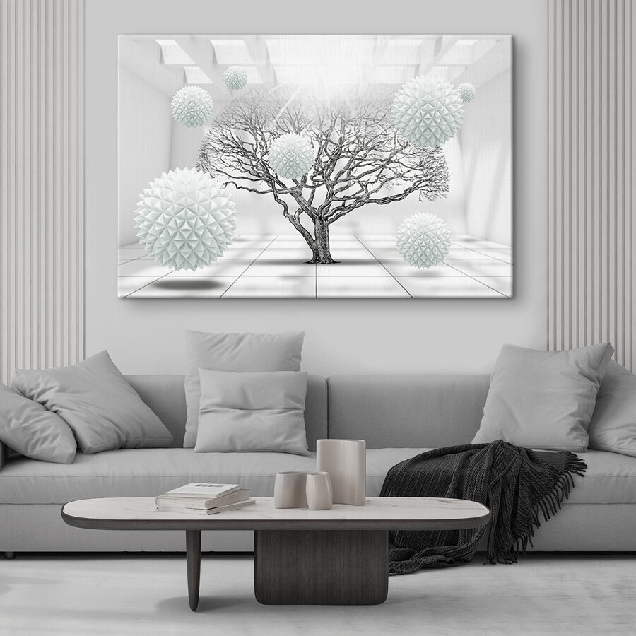 Arbre avec des boules blanches flottant dans l'air