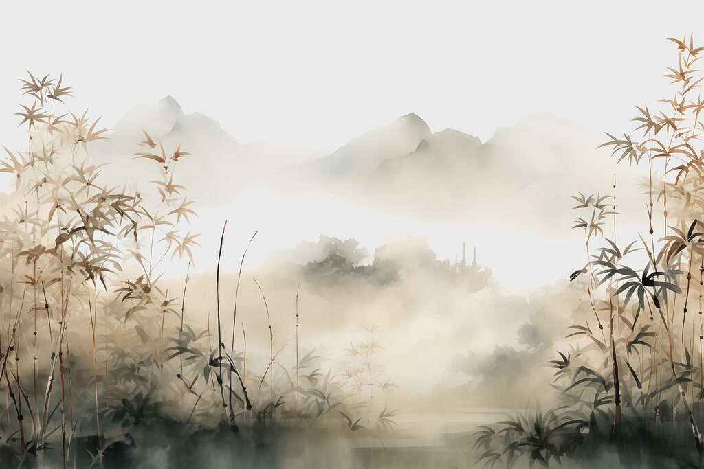 Peinture d'un paysage avec des plantes et du brouillard Peinture d'un paysage avec des plantes et du brouillard