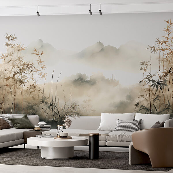 Peinture d'un paysage avec des plantes et du brouillard Peinture d'un paysage avec des plantes et du brouillard