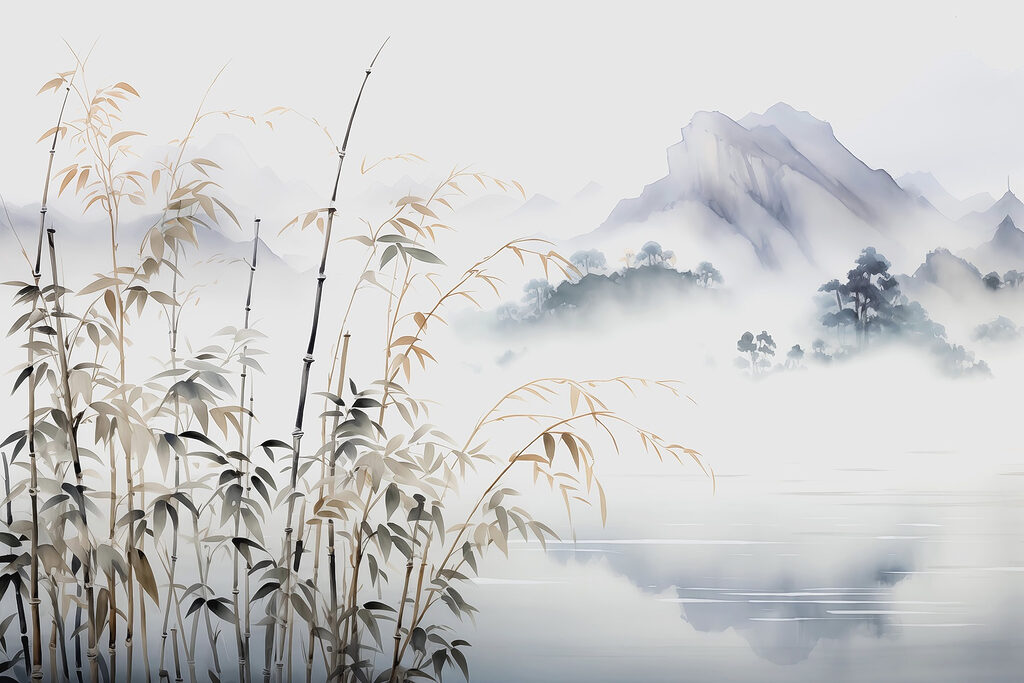 Peinture d'un paysage avec un lac et des montagnes Peinture d'un paysage avec un lac et des montagnes