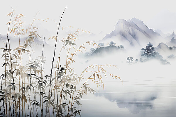 Peinture d'un paysage avec un lac et des montagnes Peinture d'un paysage avec un lac et des montagnes