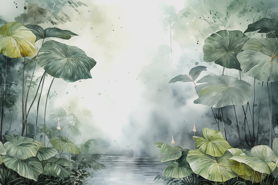 Peinture d'un étang avec des plantes et de l'eau