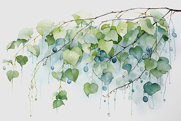 Aquarelle d'une branche avec des feuilles et des baies bleues Aquarelle d'une branche avec des feuilles et des baies bleues