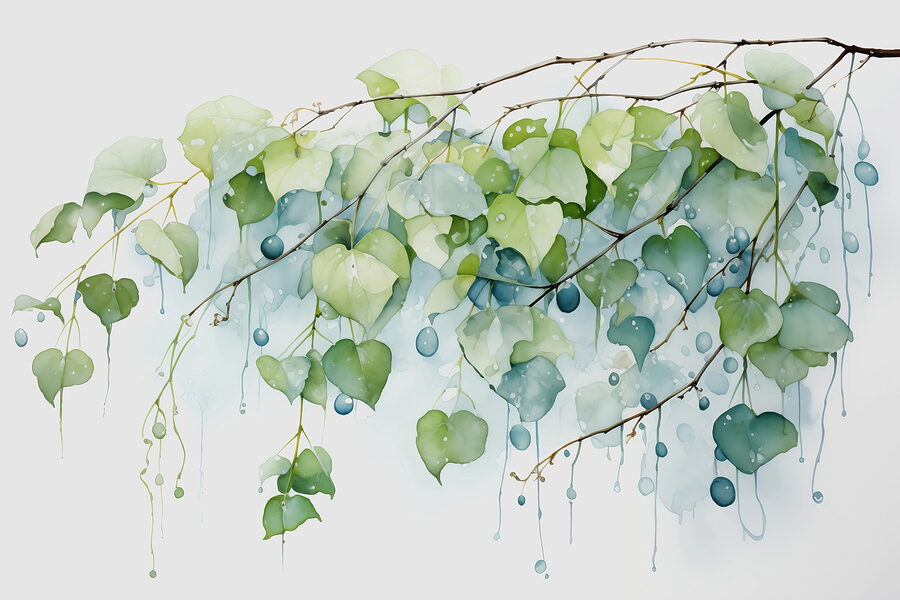 Aquarelle d'une branche avec des feuilles et des baies bleues Aquarelle d'une branche avec des feuilles et des baies bleues