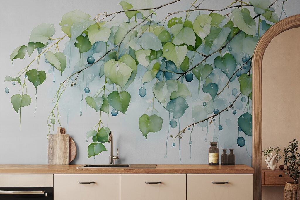 Watercolor painting of a branch with leaves and blue berries Watercolor painting of a branch with leaves and blue berries