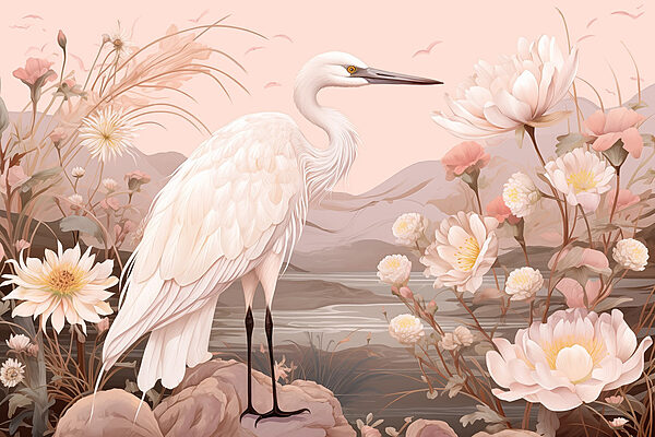Oiseau blanc debout sur des rochers entourés de fleurs Oiseau blanc debout sur des rochers entourés de fleurs