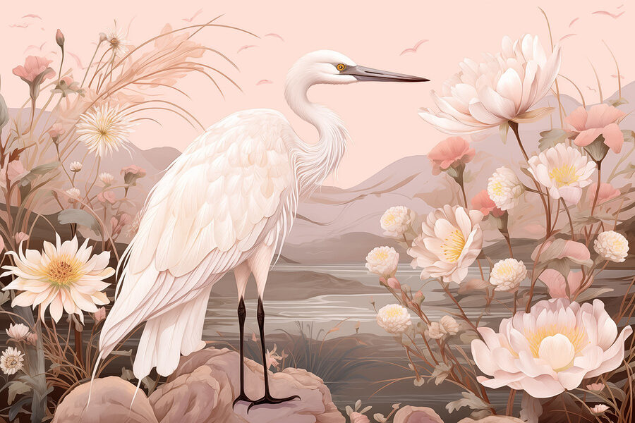 Oiseau blanc debout sur des rochers entourés de fleurs Oiseau blanc debout sur des rochers entourés de fleurs