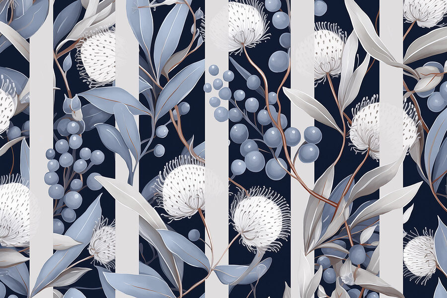 Motif floral avec des fleurs et des feuilles bleues et blanches