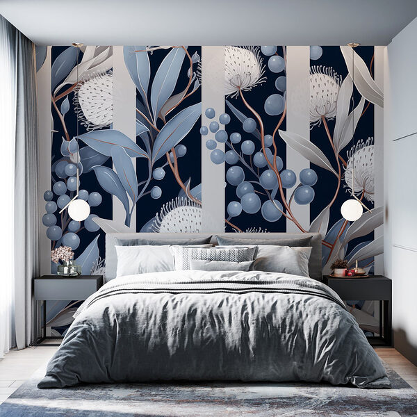Motif floral avec des fleurs et des feuilles bleues et blanches Motif floral avec des fleurs et des feuilles bleues et blanches