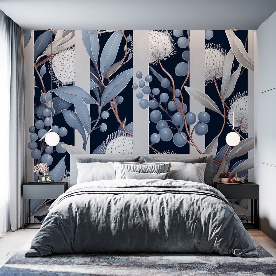 Motif floral avec des fleurs et des feuilles bleues et blanches