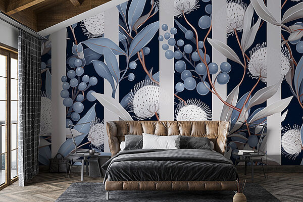 Motif floral avec des fleurs et des feuilles bleues et blanches Motif floral avec des fleurs et des feuilles bleues et blanches