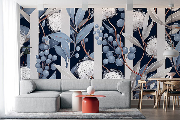 Motif floral avec des fleurs et des feuilles bleues et blanches Motif floral avec des fleurs et des feuilles bleues et blanches