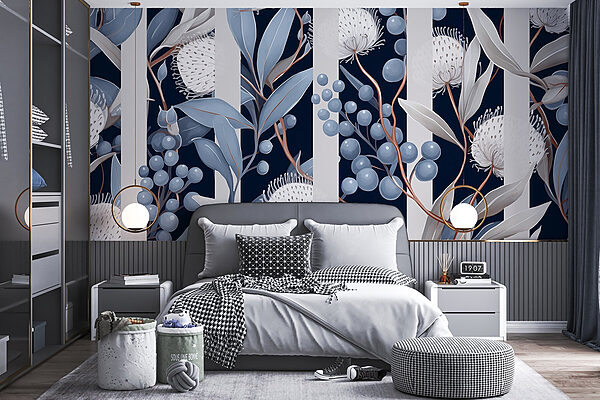 Motif floral avec des fleurs et des feuilles bleues et blanches Motif floral avec des fleurs et des feuilles bleues et blanches