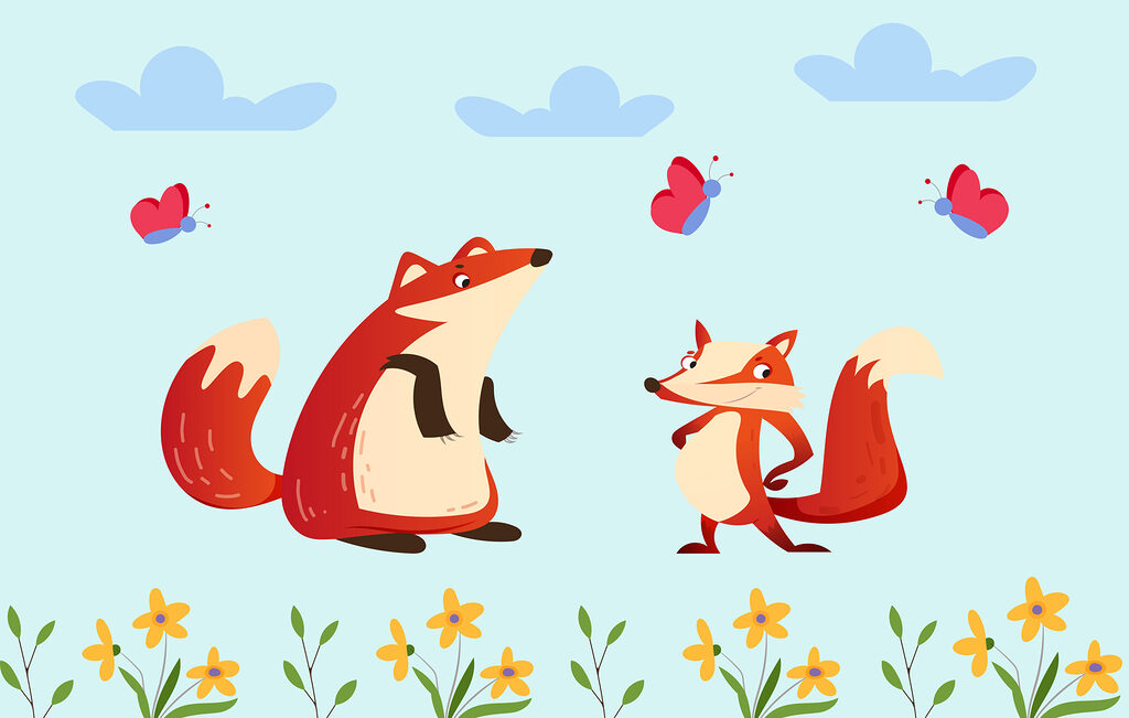 Dessin animé de renards et d'un papillon Dessin animé de renards et d'un papillon