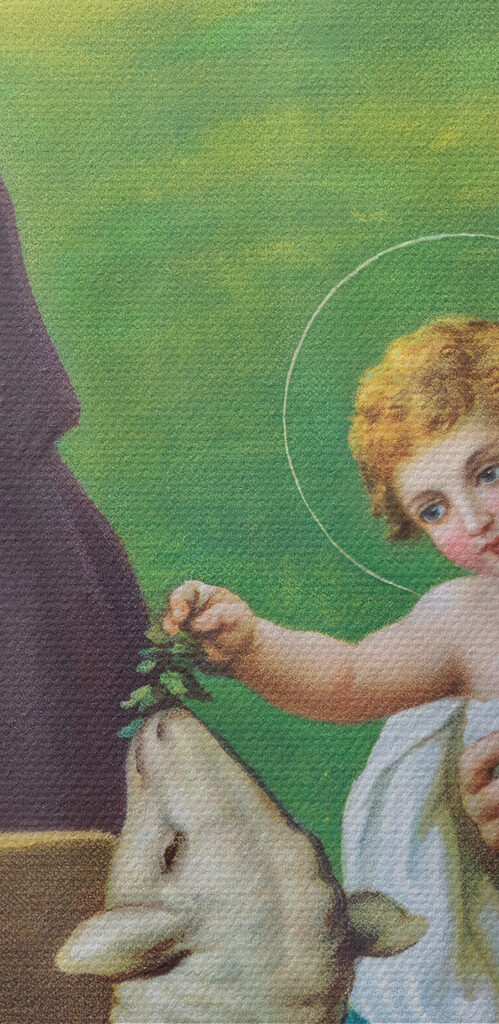 Painting of a man and woman holding a baby