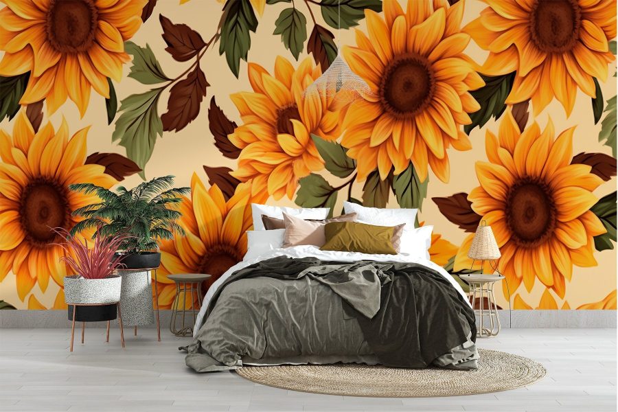 Papier peint Motif de tournesols et de feuilles