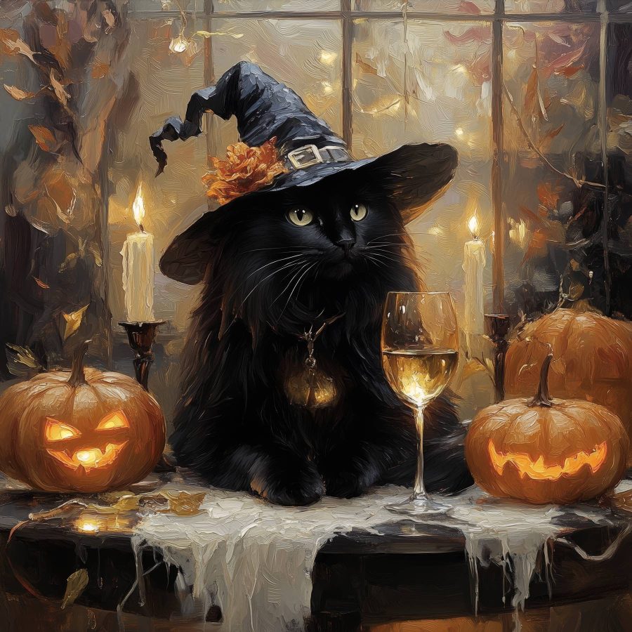Chat portant un chapeau de personne et un verre de vin
