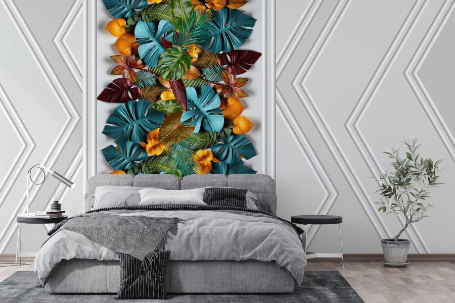 Papier peint Porte blanche avec des feuilles colorées