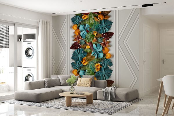 Porte blanche avec des feuilles colorées Porte blanche avec des feuilles colorées